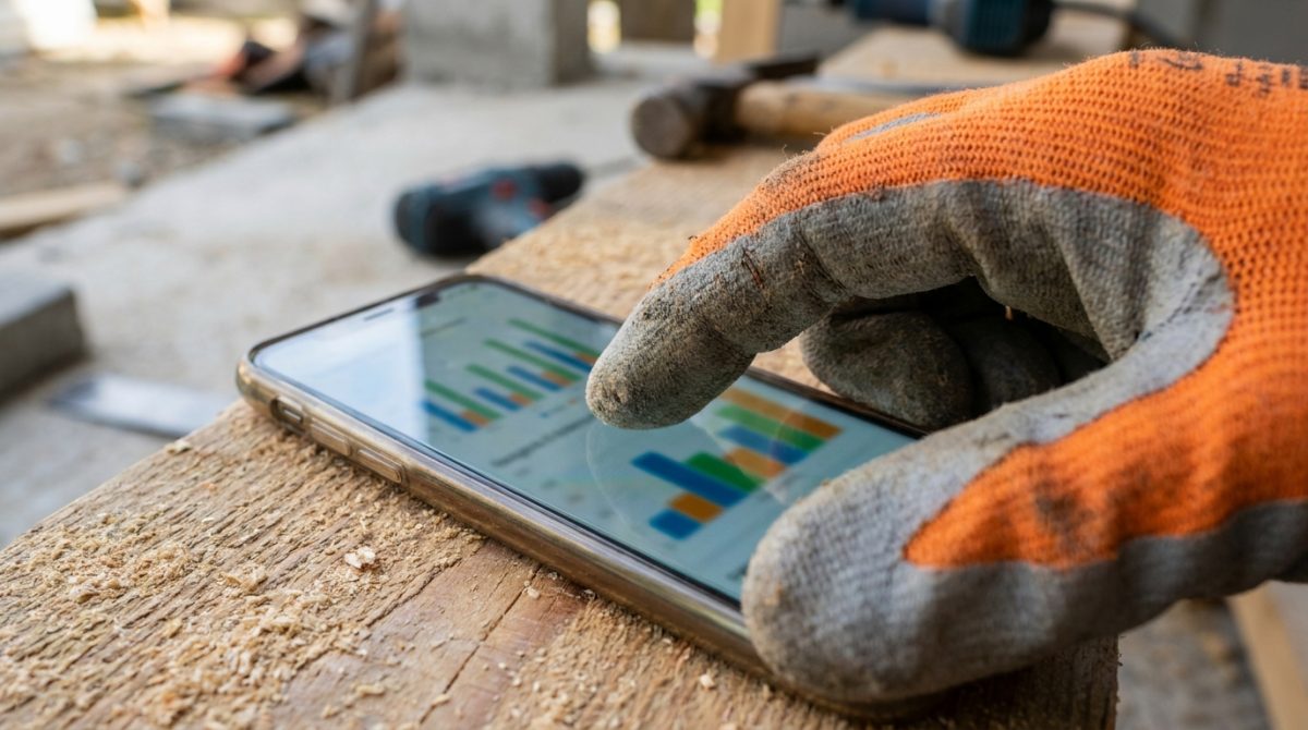 A tradesperson in work clothes checking a smartphone showing a Google Ads dashboard with active campaign statistics on a job site