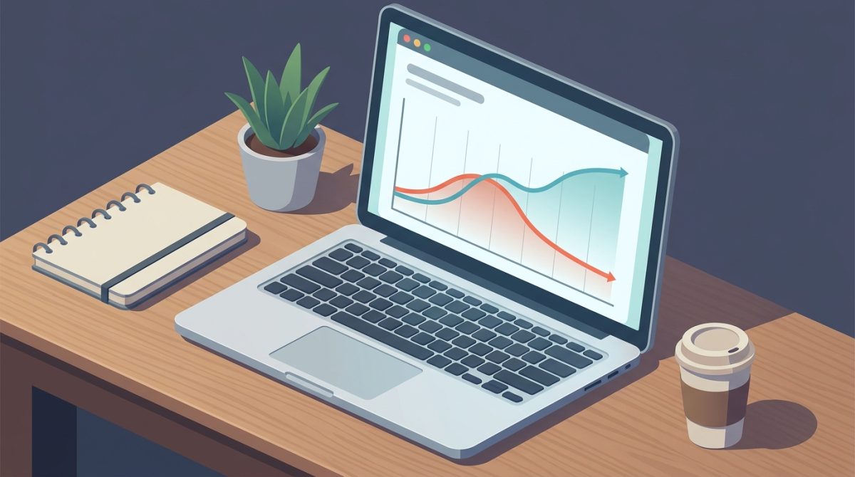 A laptop screen showing two overlapping line graphs in Google Search Console, one labelled AI impressions trending upward and one labelled standard Search clicks trending downward