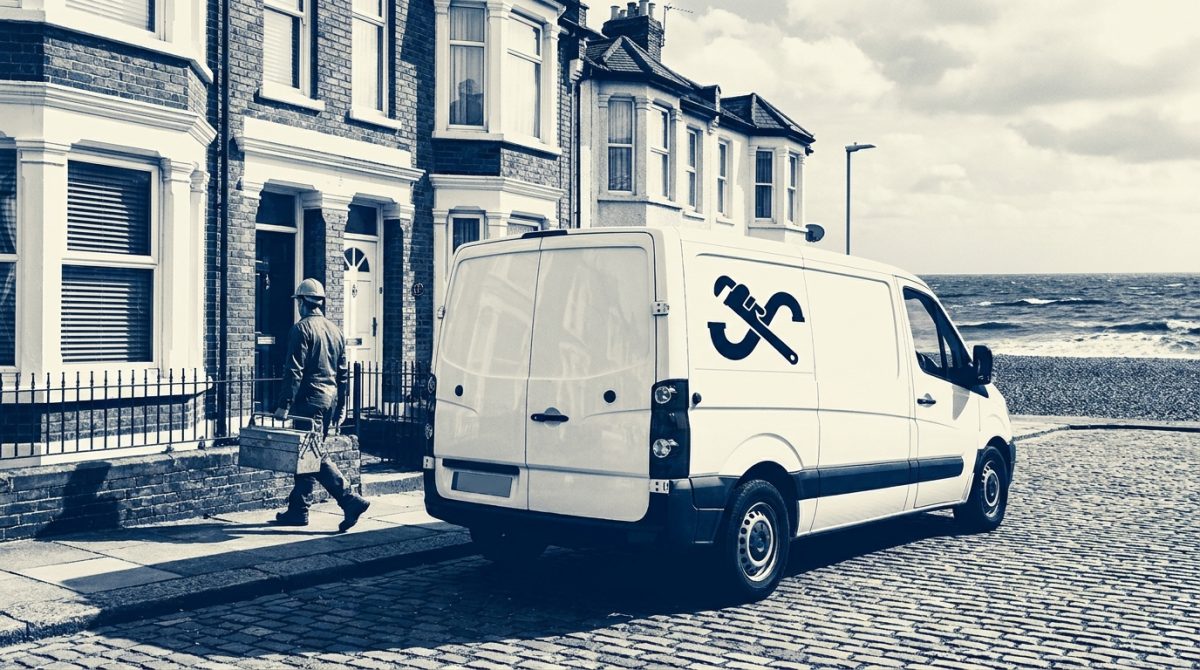 A white van with a plumber's logo parked on a residential street in a UK coastal town, with a tradesperson carrying a toolbox to a front door