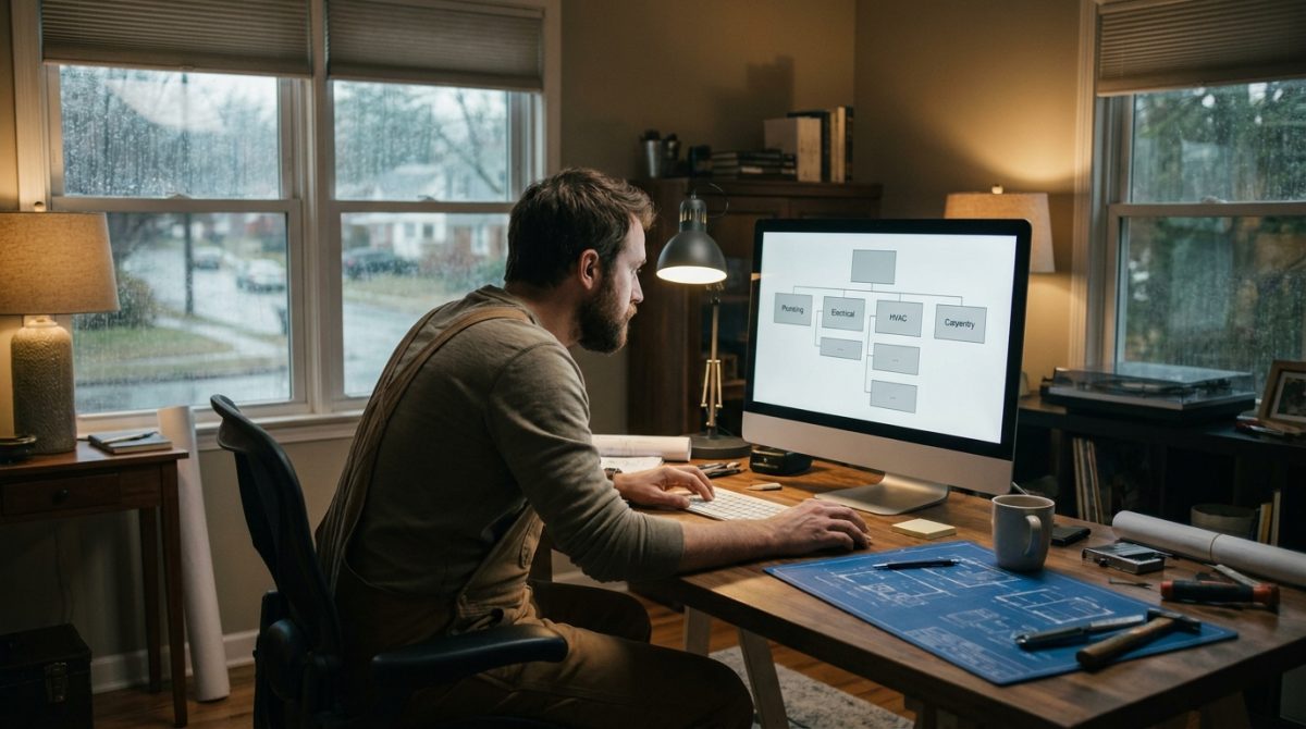 A web designer at a desk reviewing a trades website structure on a monitor, showing multiple service pages listed in a site navigation menu