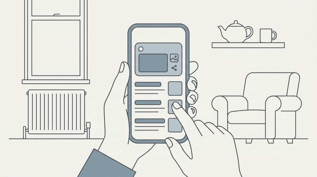 A person holding a smartphone showing a Google search results page with an AI Overview summary box at the top, above organic website links, in a UK home setting