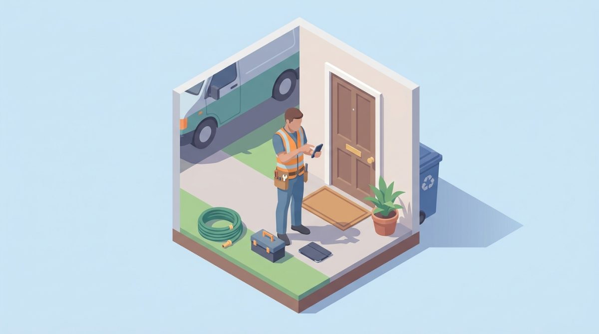 A tradesperson in work clothes checking their phone after completing a job at a customer's front door, about to send a message