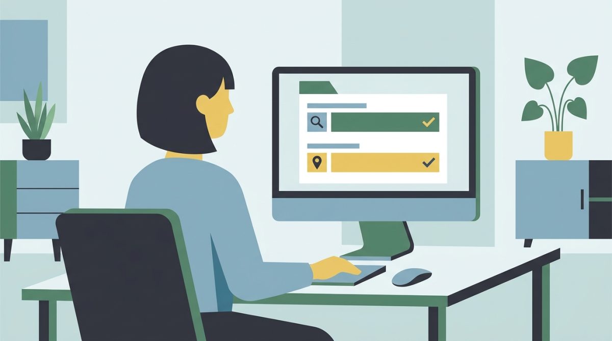 A small business owner at a desktop computer completing a Google Business Profile listing, showing a screen with business category and service area fields being filled in