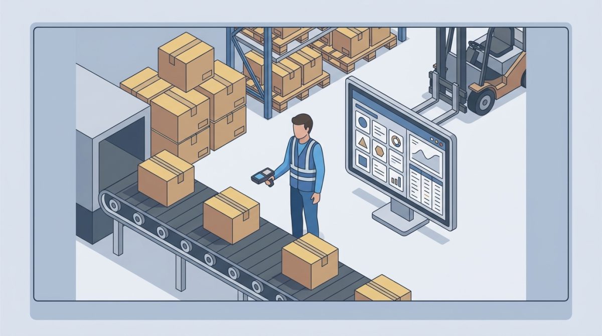 A warehouse worker scanning parcels on a conveyor belt next to a monitor showing an order management interface