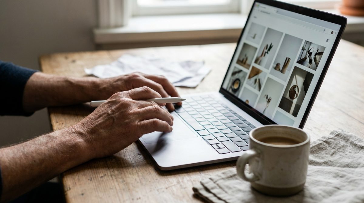 A small business owner at a kitchen table editing a clean, modern website on a laptop with a coffee beside them