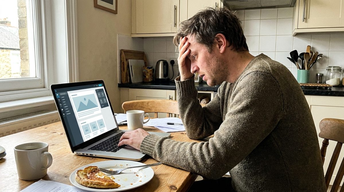A small business owner sitting at a kitchen table, looking frustrated at a laptop screen showing a generic website builder template