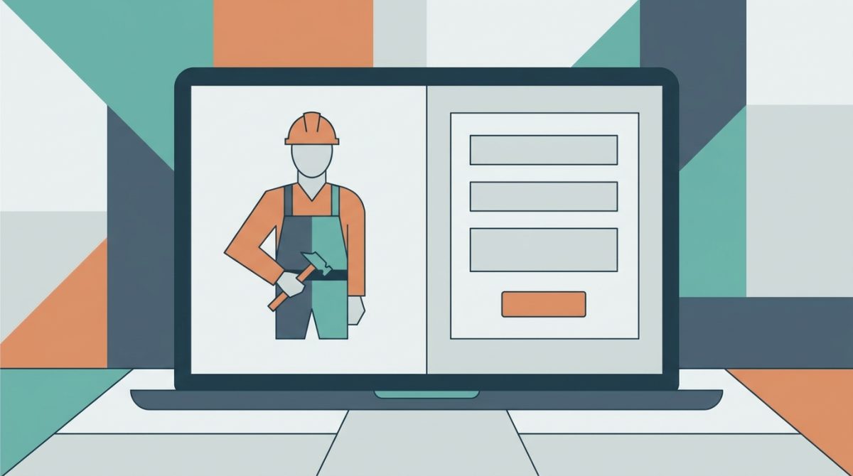 A laptop screen showing a clean two-column service page layout with a photo of a tradesperson on the left and a contact form with three fields on the right