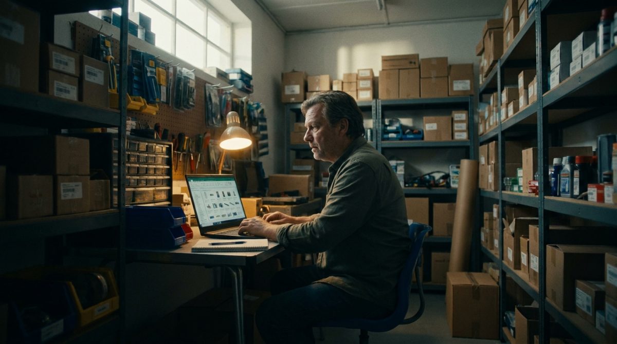 A small business owner checking an online product catalogue and stock list on a laptop in a stockroom