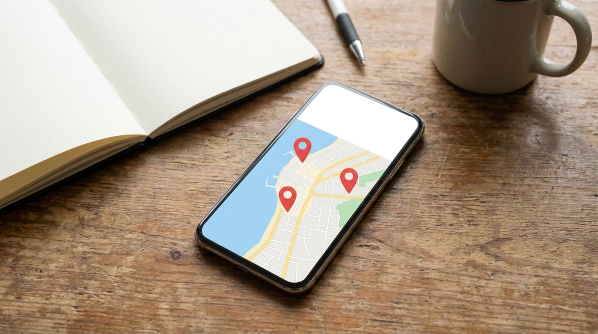 A smartphone screen showing a Google Maps Local Pack result with three plumber listings pinned on a street map of a coastal UK town