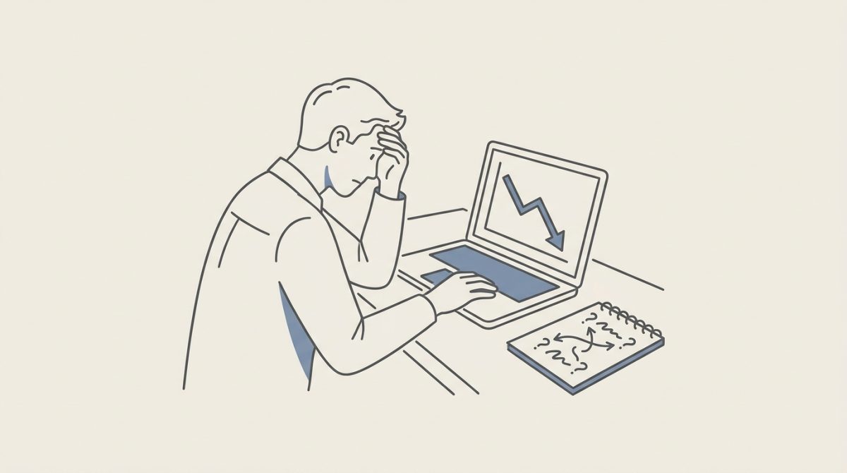 A small business owner at a desk looking frustrated at a laptop screen showing Google Ads spend with low conversion results, a notepad with disconnected marketing channel notes beside them