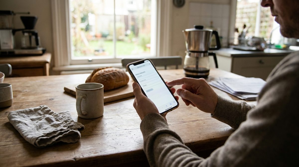 A customer on a smartphone completing a simple one-page checkout form at a kitchen table