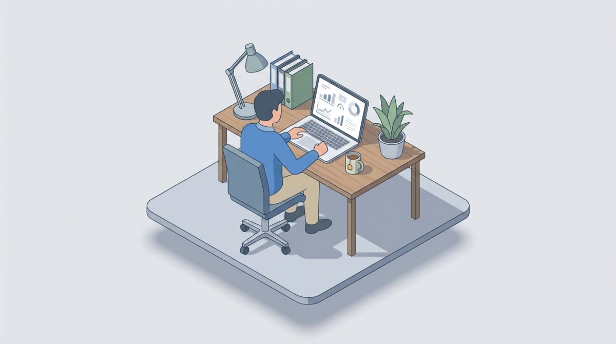 A small business owner sitting at a desk reviewing Google Business Profile analytics on a laptop, with a cup of tea beside them