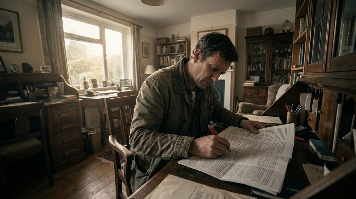 A small business owner sitting at a desk reviewing printed ad copy with a red pen, circling phrases on the page