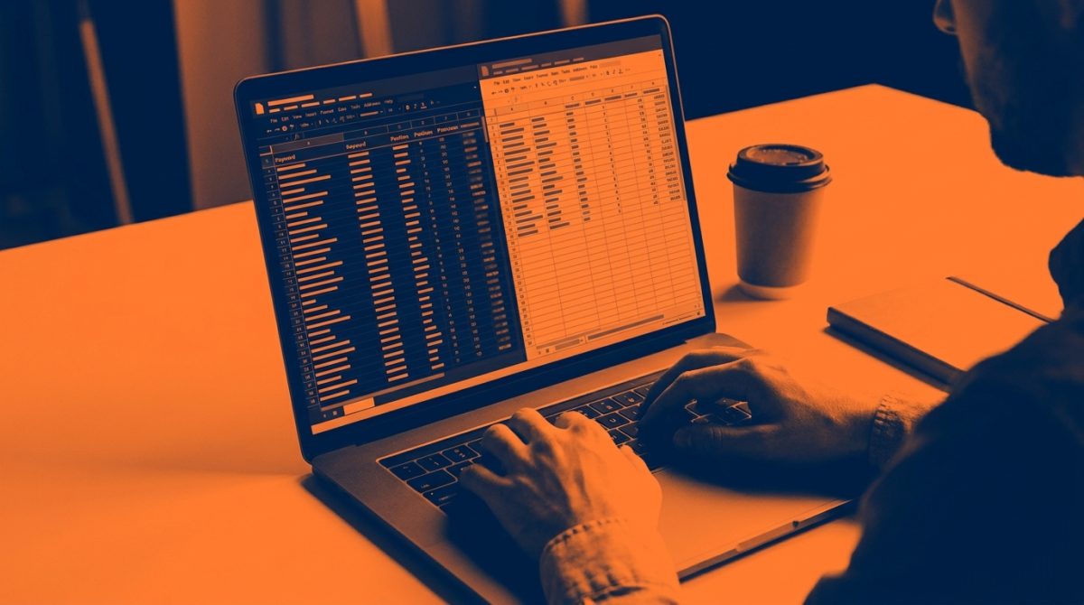A person at a desk comparing two spreadsheets side by side on a laptop screen, one showing Google Search Console keyword position data and the other showing a Google Ads keyword list