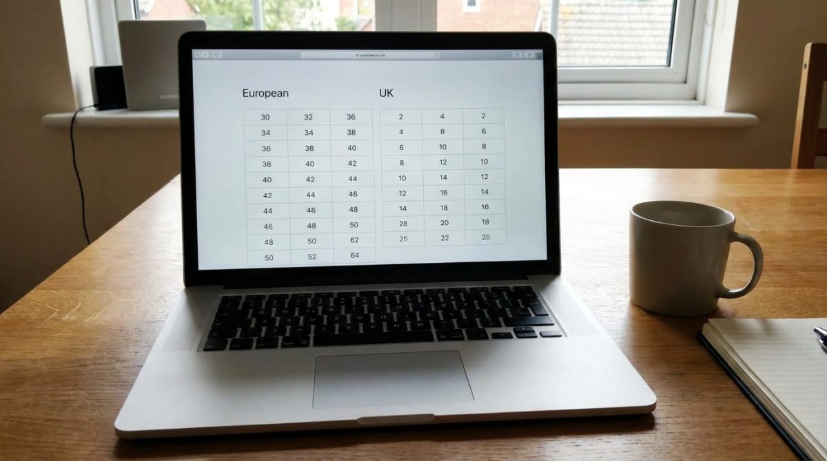 A laptop screen showing a European clothing size chart next to a UK size chart on an ecommerce product page