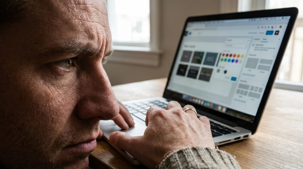A small business owner sitting at a laptop at a kitchen table, looking slightly frustrated while scrolling through a website template editor