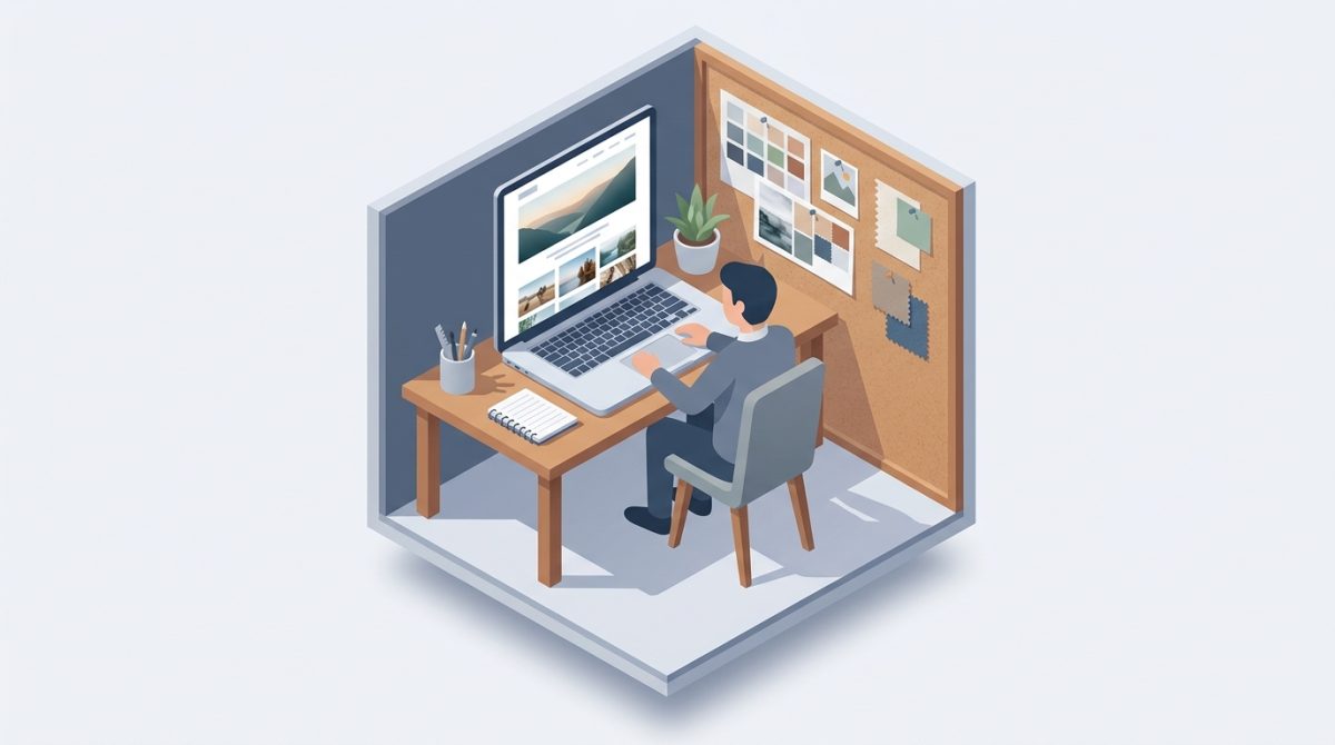 A designer reviewing a photography-led portfolio website layout on a laptop, large hero image visible on screen, styled workspace with mood boards nearby