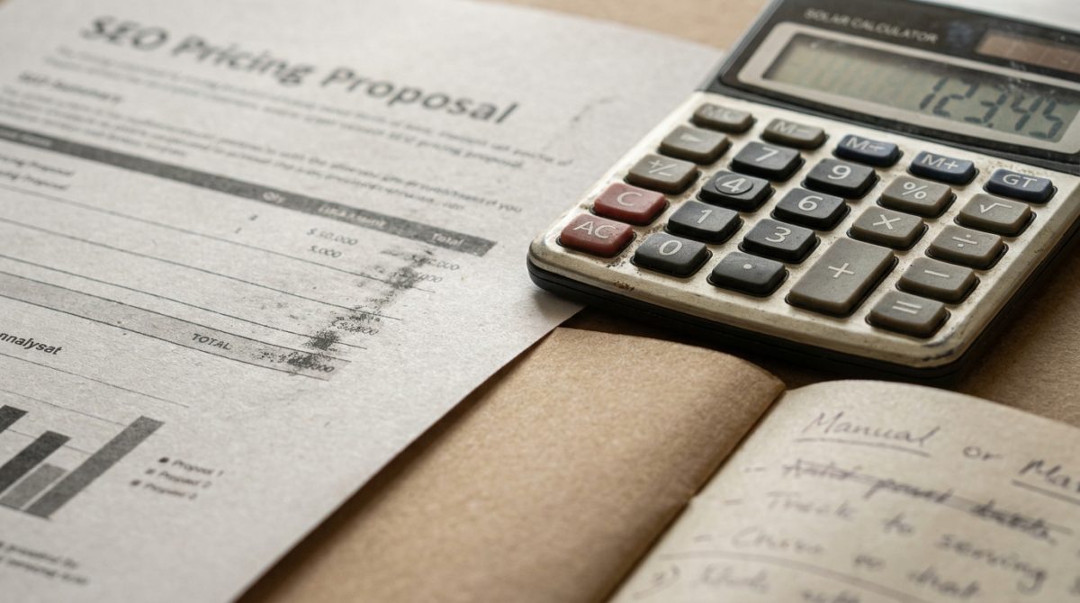 A small business owner at a desk reviewing a printed SEO pricing proposal with a calculator and notebook beside them