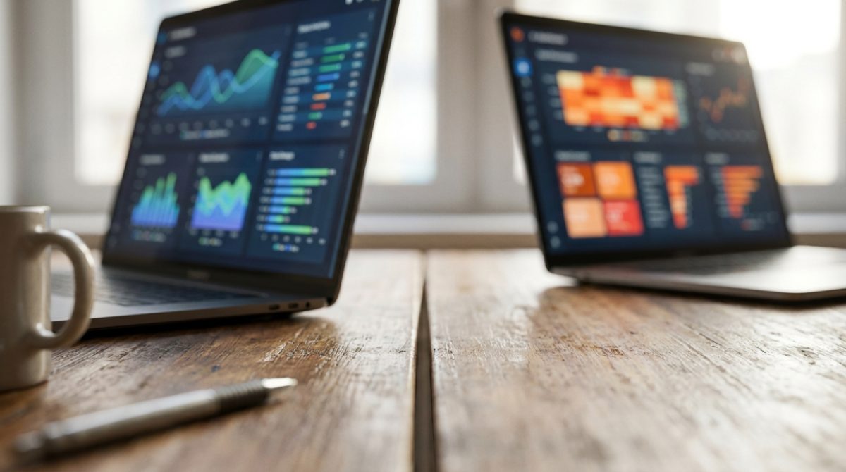 Two separate office desks side by side, each with a laptop open showing different analytics dashboards, symbolising two isolated teams working on the same business but not sharing information