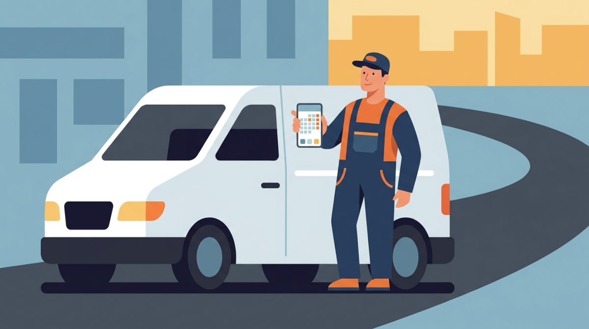An electrician in branded workwear standing outside a white van, looking at their phone with a quiet diary app visible on the screen