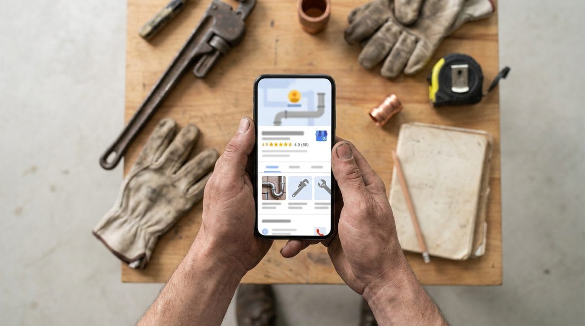 A tradesperson's hands holding a smartphone displaying a Google Business Profile listing with a five-star review count and recent photos of completed plumbing work