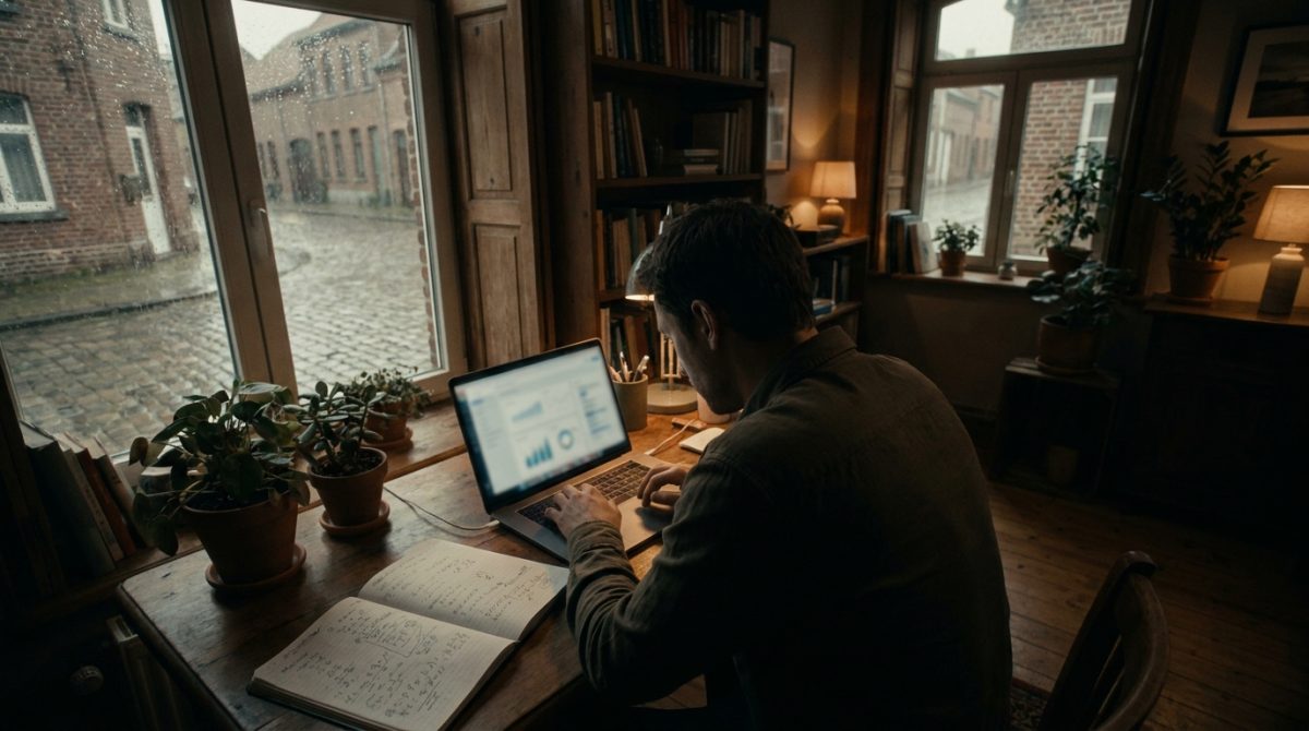 A person at a desk reviewing a Google Ads dashboard on a laptop, with a notepad showing handwritten budget calculations beside the keyboard
