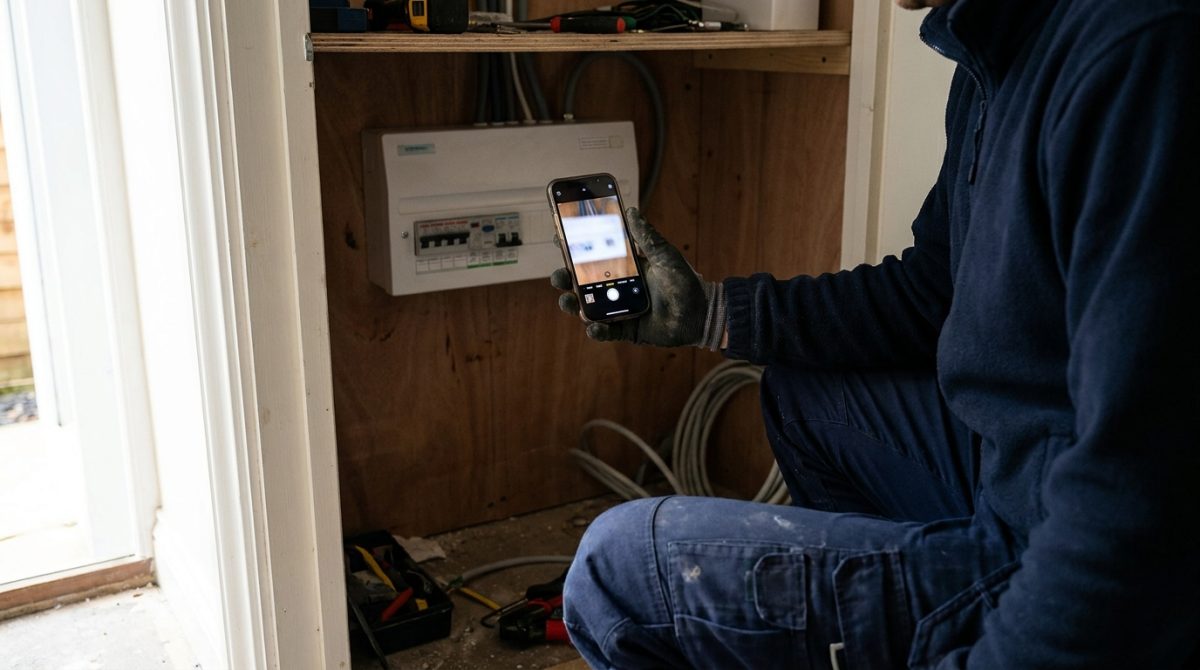 A tradesperson in branded workwear photographing a newly installed consumer unit for uploading to a Google Business Profile on a smartphone