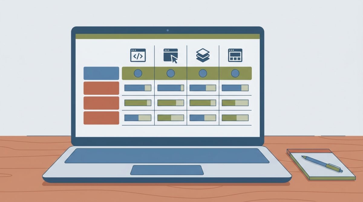 A laptop screen showing a side-by-side comparison table of four website builder logos with score columns filled in, on a wooden desk with a notepad and pen beside it