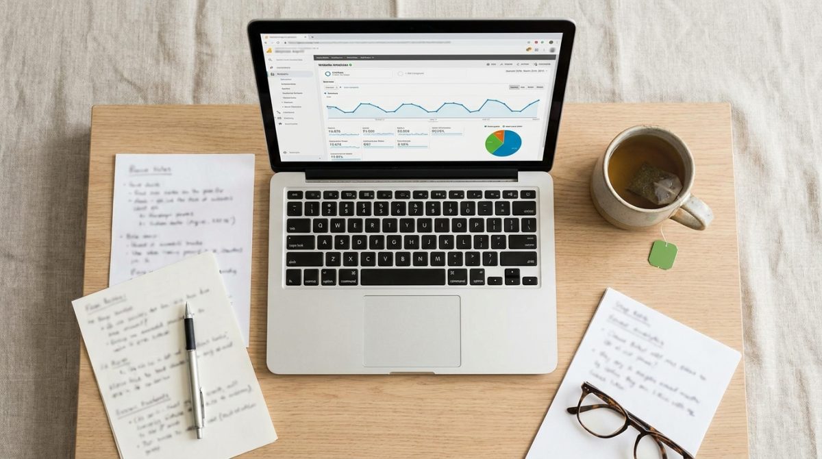 A small UK business owner at a desk reviewing their website analytics on a laptop, surrounded by printed notes and a cup of tea