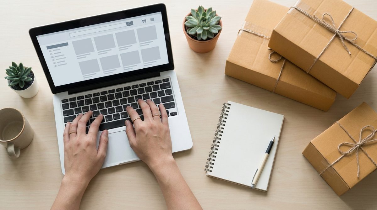 A small business owner sitting at a desk reviewing an e-commerce website on a laptop, with product packaging and a notepad nearby