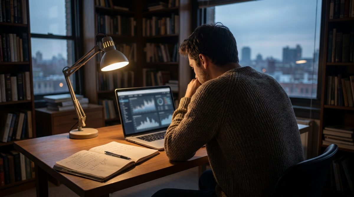 A person sitting at a desk reviewing Google Ads campaign performance data on a laptop screen, with a notebook and pen beside them showing handwritten budget figures
