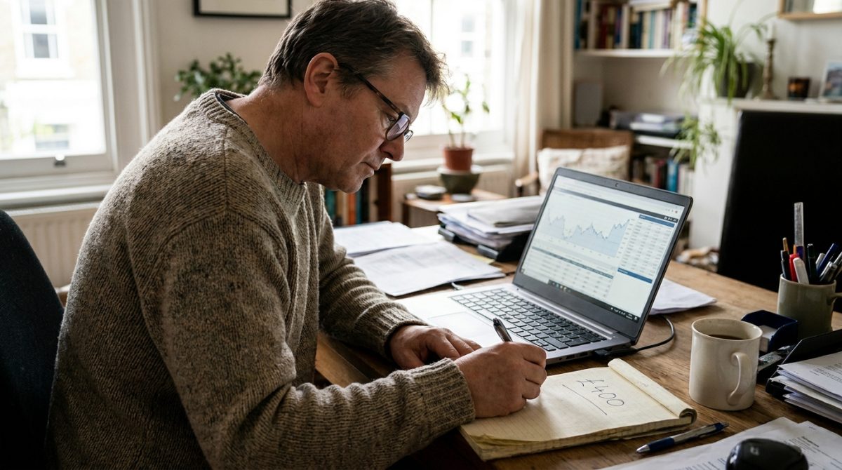 A small business owner sitting at a desk reviewing Google Ads performance data on a laptop screen, with a notepad showing a monthly budget figure of £400 written in pen
