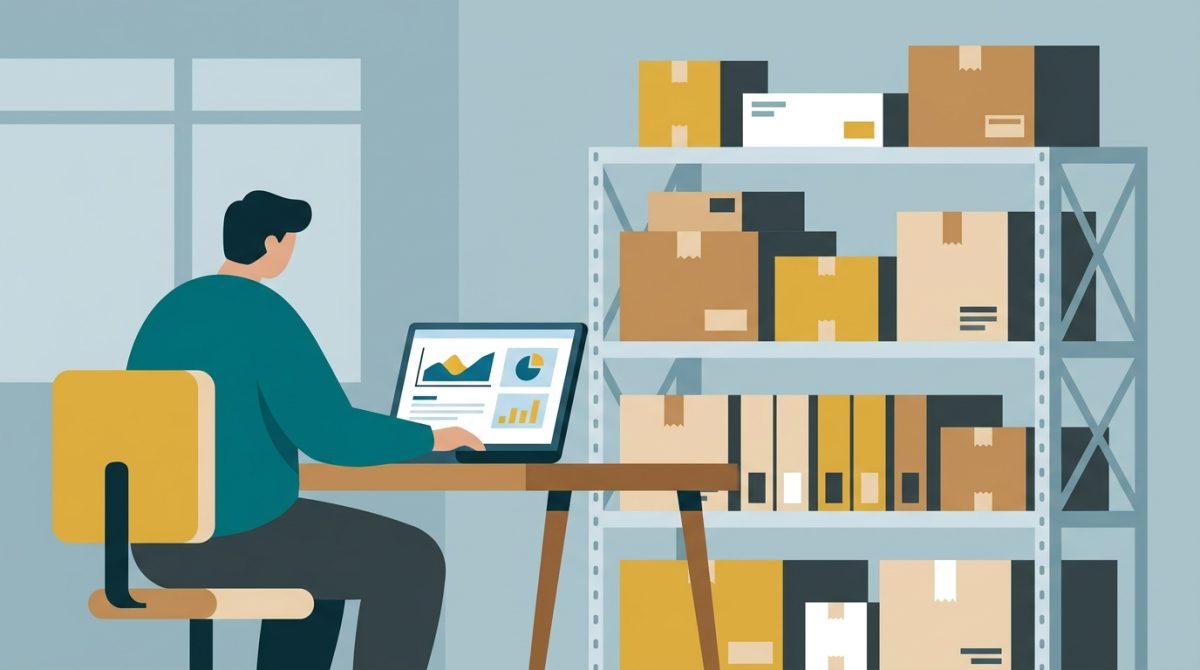 A small business owner checking stock levels on a laptop next to shelves of packaged products ready for dispatch