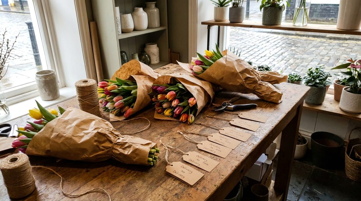 A florist's workbench in a small UK shop on the morning before Mother's Day, with bunches of tulips, brown paper wrapping and a row of handwritten delivery tags