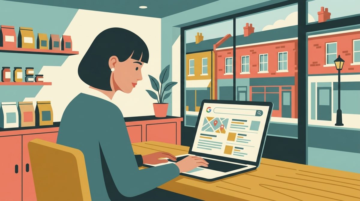 A small business owner in a UK high street shop reviewing a laptop screen showing a Google search results page with local business listings