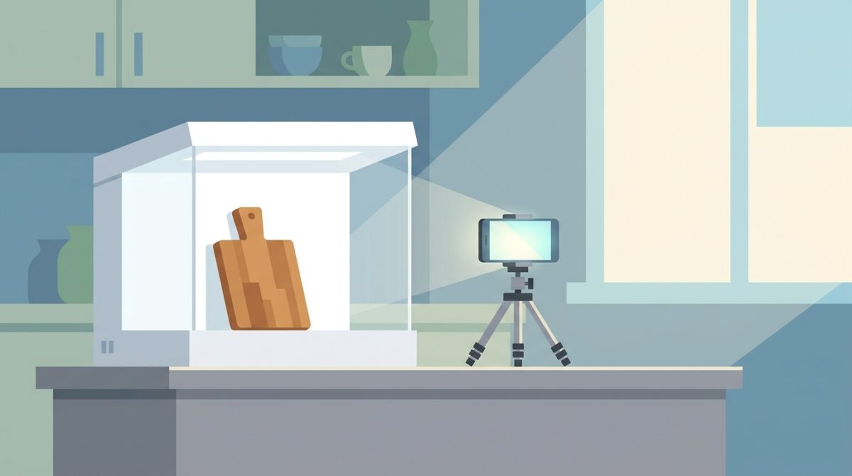 A small product photography setup at home with a lightbox, a smartphone on a mini tripod, and a wooden chopping board being photographed on a kitchen counter in daylight