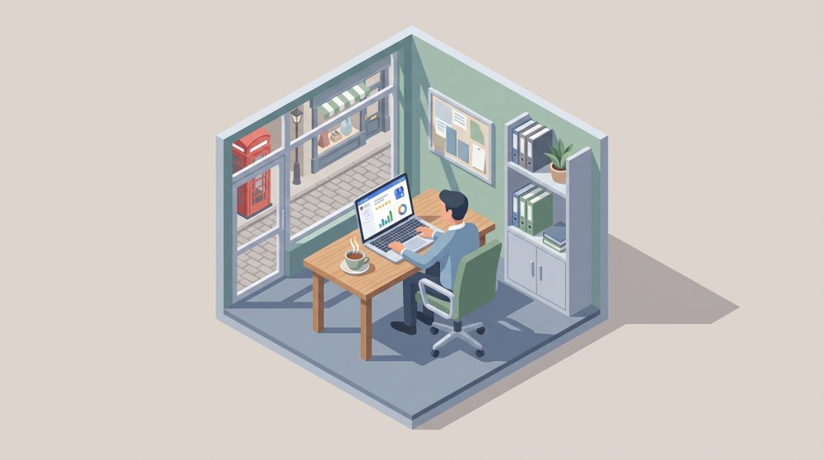 A small business owner sitting at a desk reviewing their Google Business Profile on a laptop, with a cup of tea nearby, in a tidy UK office or shopfront setting