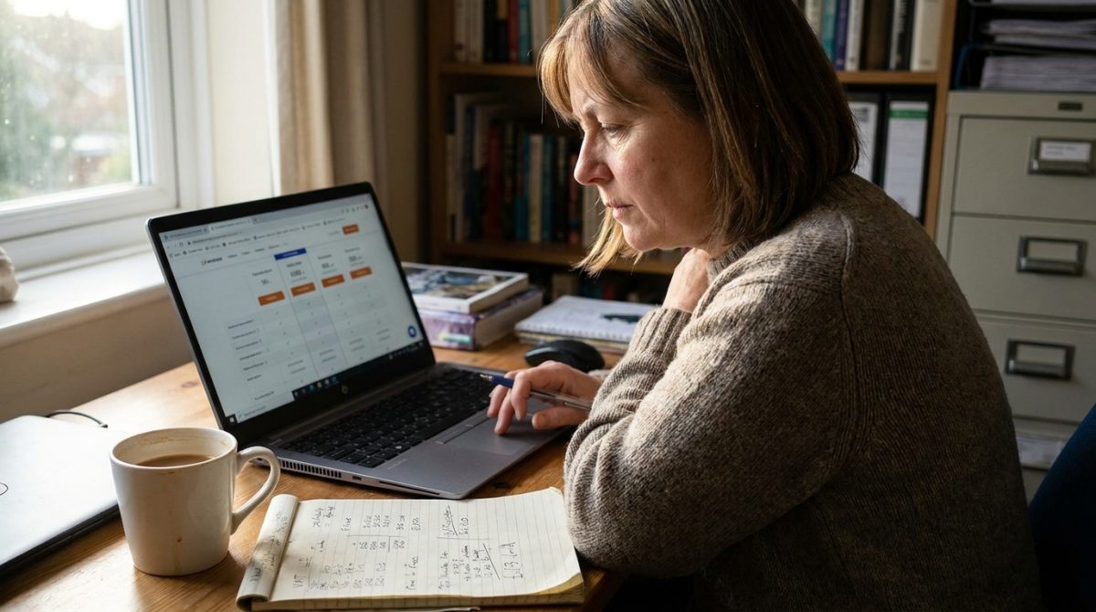 A UK small business owner at a desk reviewing website pricing plans on a laptop, with a cup of tea and a notepad showing handwritten notes about VAT and payment fees