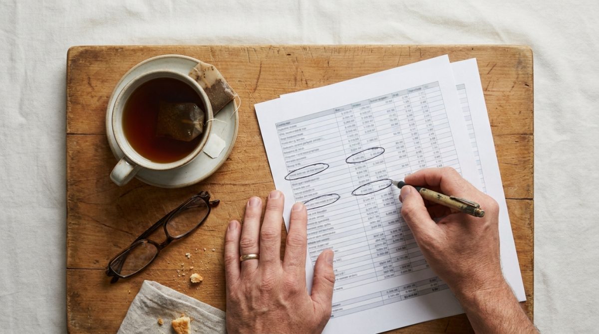 A small business owner sitting at a kitchen table circling specific keyword phrases on a printed spreadsheet with a pen, cup of tea nearby