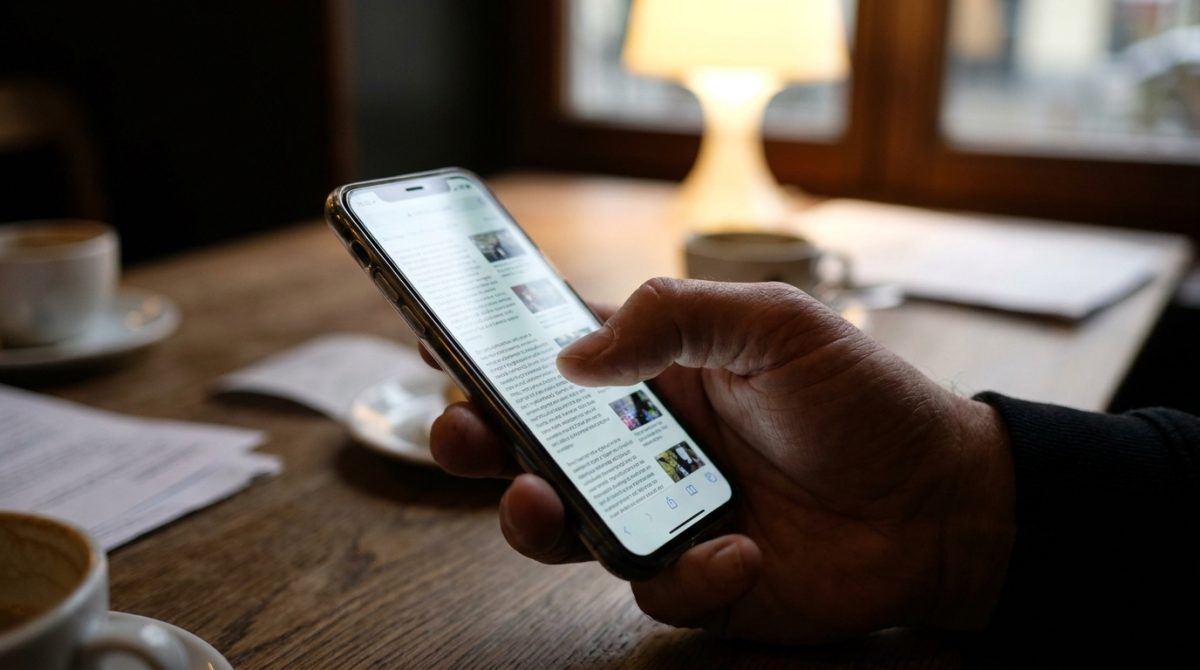 A person's hand holding a smartphone showing a poorly formatted small-text website layout that requires pinching to read