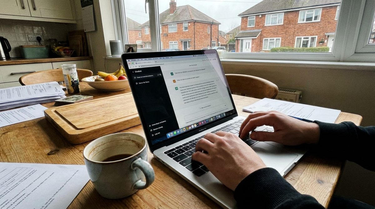 A person at a kitchen table typing a question about local tradespeople into ChatGPT on a laptop, with a cup of tea nearby