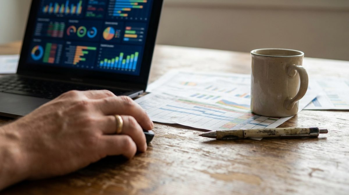 A person at a desk looking at a cluttered Google Ads dashboard on a laptop screen, surrounded by printed spreadsheets