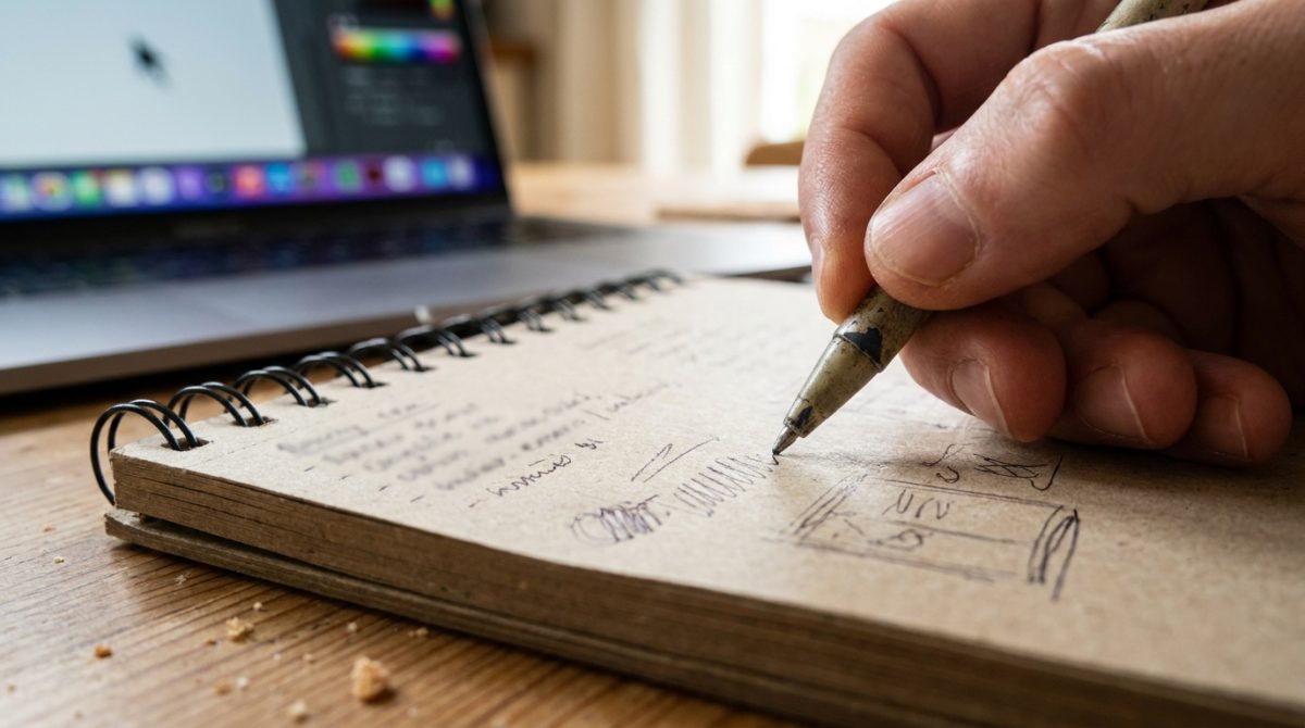 A small business owner sitting at a kitchen table with a notepad, writing down brand questions and customer personas before a laptop with design software on screen
