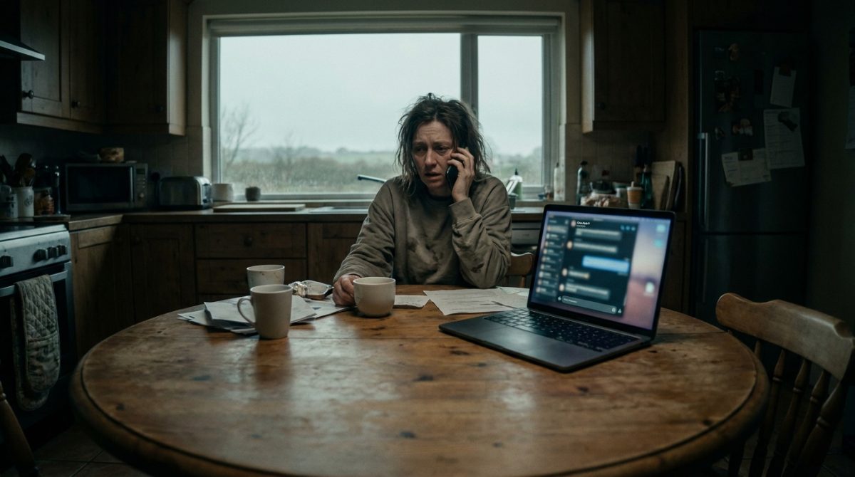 A frustrated person sitting at a kitchen table holding a phone, with a laptop open beside them showing a live chat window, conveying the experience of repeating the same support issue across multiple channels