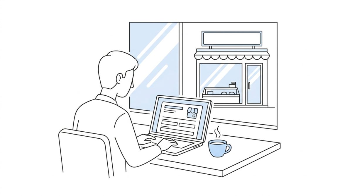 A person sitting at a desk completing a Google Business Profile on a laptop, with a cup of tea nearby and a small business storefront visible through the window behind them