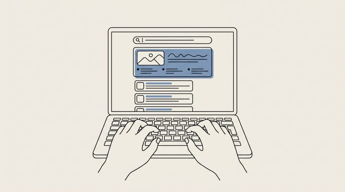 A person typing a question-format query on a laptop, with a Google search results page visible on screen showing an AI-generated summary box above the traditional blue link results
