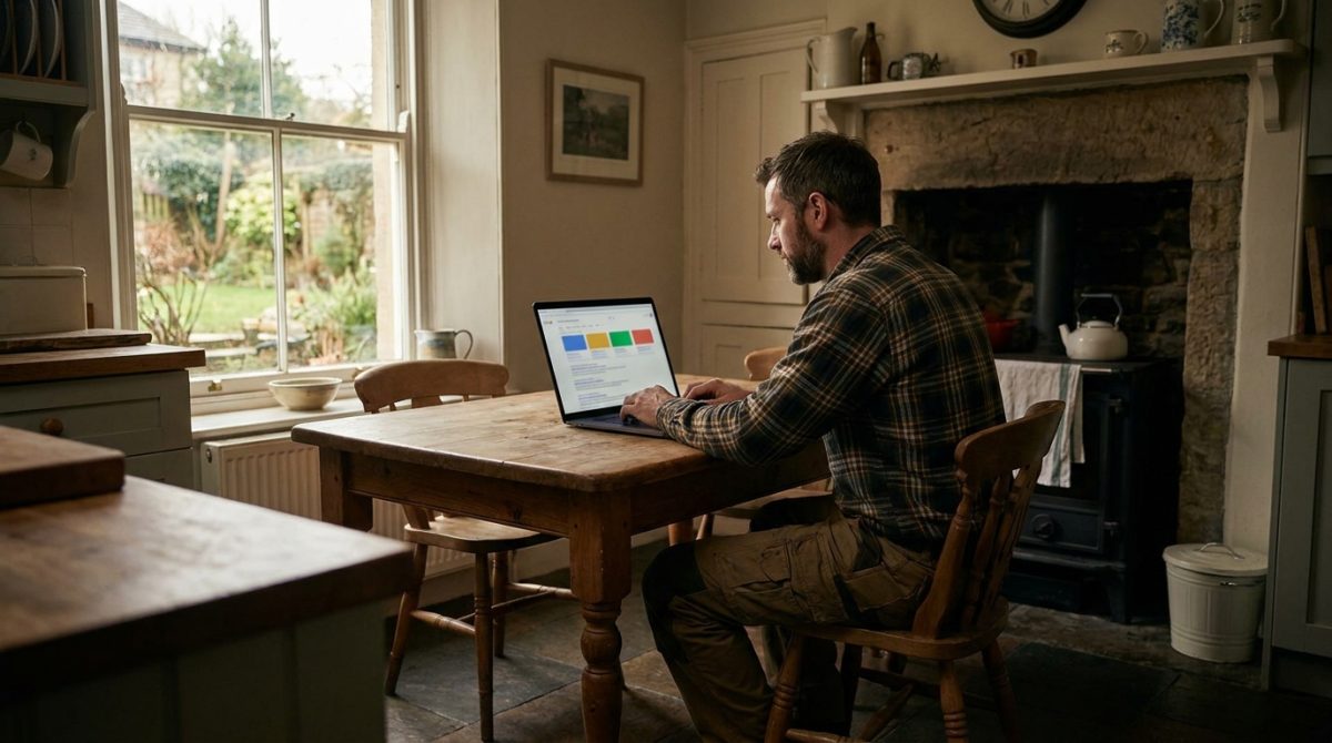 A sole trader plumber in work clothes sitting at a laptop on a kitchen table, reviewing a Google search results page showing large comparison sites ranking at the top