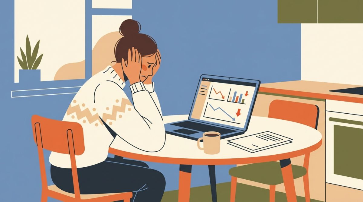 A small business owner sitting at a kitchen table looking frustrated at a laptop screen showing a website analytics dashboard with near-zero traffic numbers