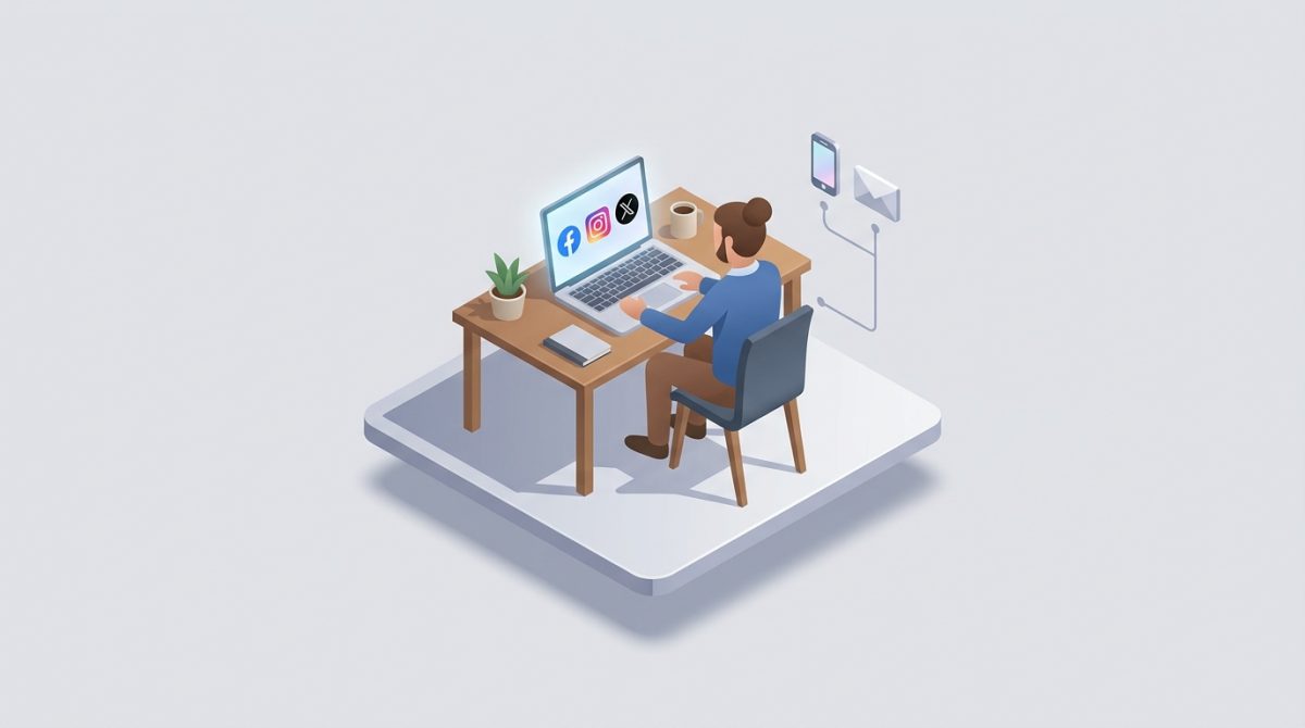 A small business owner at a desk reviewing a unified social media inbox on a laptop screen, with Facebook, Instagram, and X icons visible on the interface