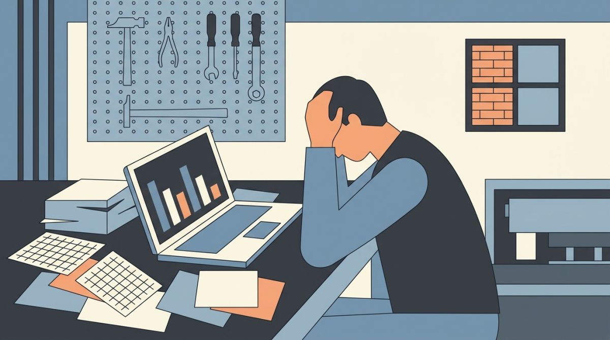 A frustrated small business owner sitting at a desk reviewing an SEO report on a laptop, surrounded by paperwork and invoices, in a small UK trade office or workshop